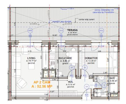 Apartament de 2 camere, 53 mp, 36 mp terasa, zona Eroilor