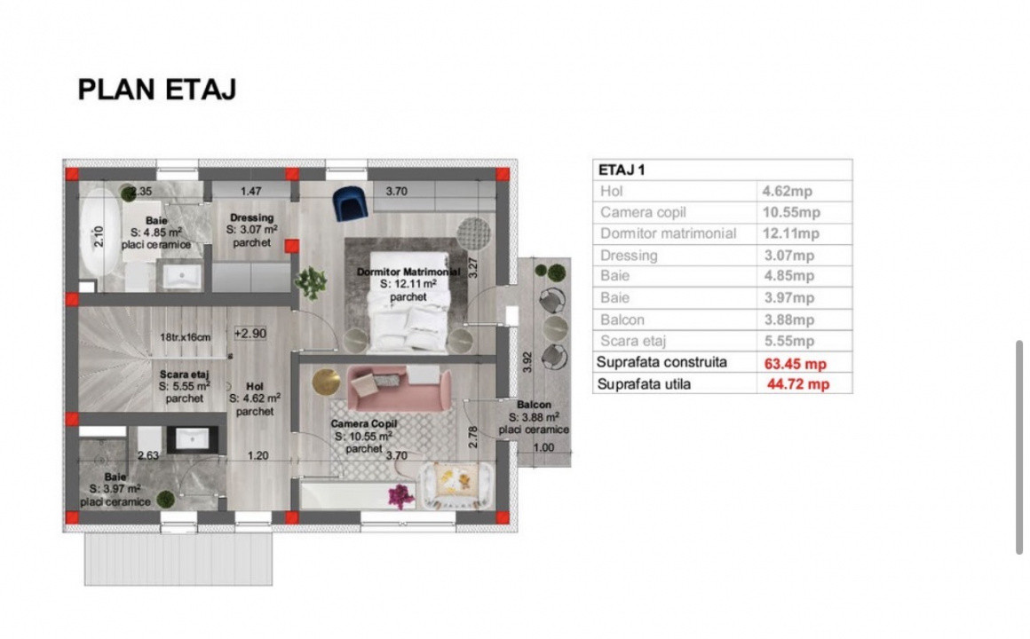 Duplex 4 Camere, 120mp, Zona Terra