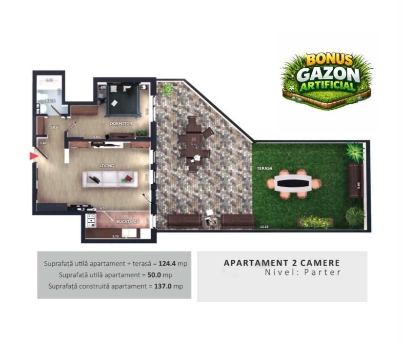 Apartament de 2 camere, 50 mp, terasa de 75 mp, Valea Garbaului