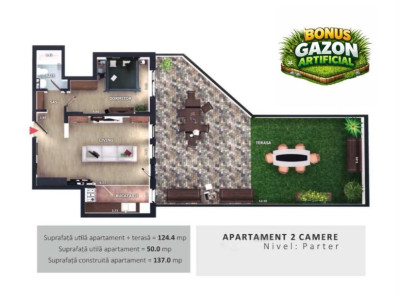 Apartament de 2 camere, 50 mp, terasa de 75 mp, Valea Garbaului