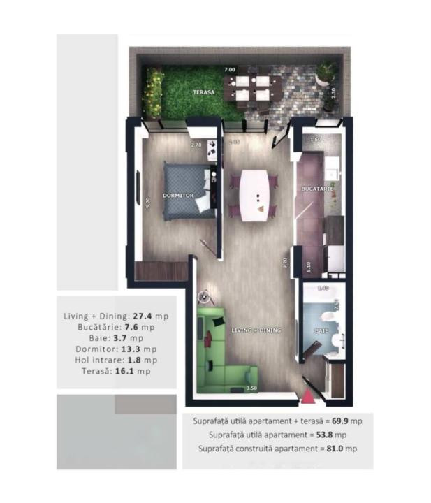 Apartament de 2 camere, 54 mp, terasa de 16 mp, Valea Garbaului