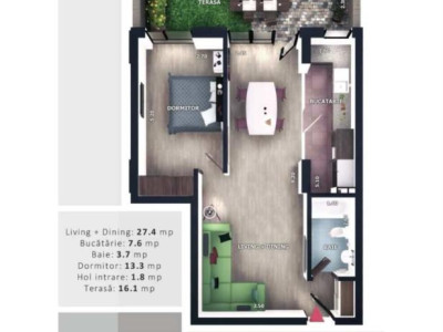 Apartament de 2 camere, 54 mp, terasa de 16 mp, Valea Garbaului