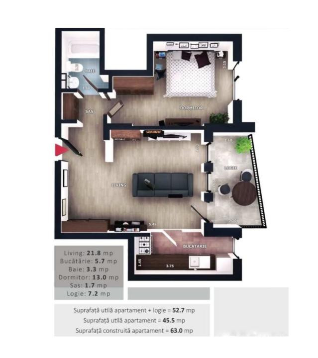 Apartament de 2 camere, 45 mp, Valea Garbaului