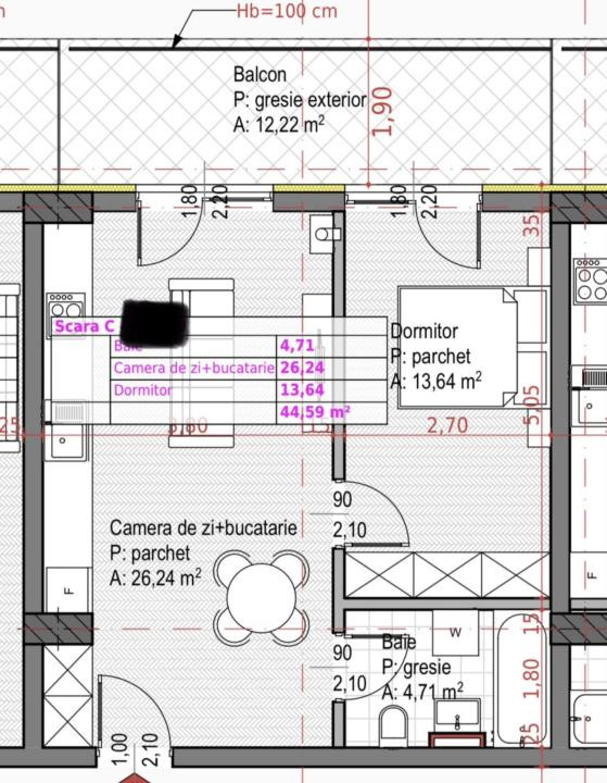 Apartament cu 2 camere 44,59mp, zona Iulius Mall